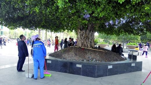 物管人員打算拆除小帳篷（白圈），小孩在一旁依依不舍