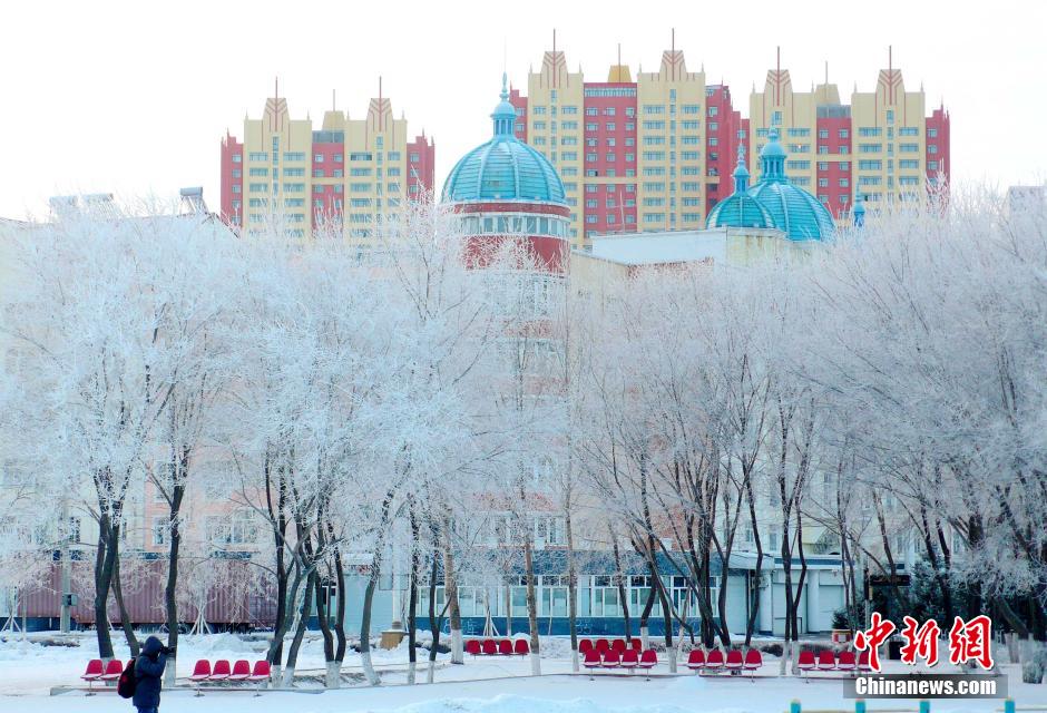 12月10日,受降溫天氣影響,黑河市黑龍江江畔出現(xiàn)綿延數(shù)公里的霧凇景觀。