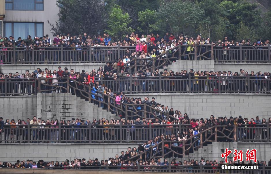 重慶上萬粉絲在南濱路等待《奔跑吧兄弟》節(jié)目的錄制。