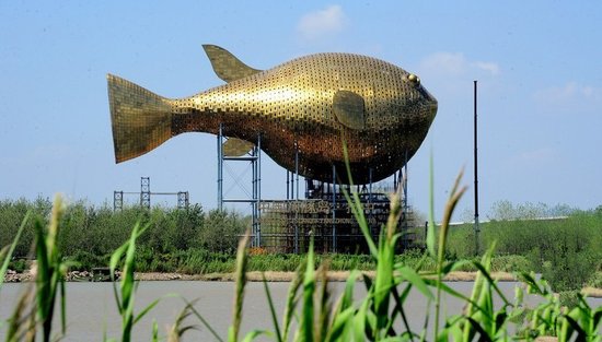 昨天，揚中市西沙島，正在施工的河豚塔金光閃閃