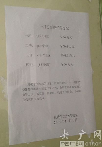 收費(fèi)處辦公區(qū)張貼的收費(fèi)任務(wù)分配表(央廣網(wǎng)記者 王利 攝) 收費(fèi)處辦公區(qū)張貼的收費(fèi)任務(wù)分配表(央廣網(wǎng)記者 王利 攝)