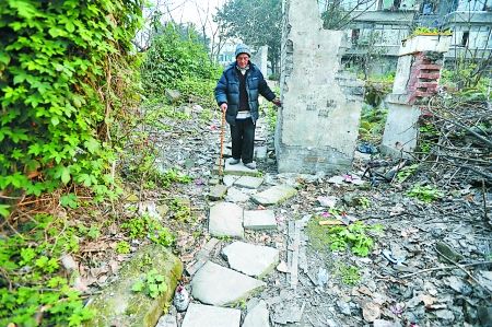 昨日，大渡口區(qū)，徐建高老人走在他鋪成的石子路上。 記者 張路橋 攝