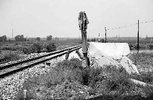 6月30日， 農(nóng)戶用搭建的窩棚和電線桿阻擋了鐵路的施工。新華社發(fā)