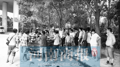 北環(huán)南陽路立交橋下，瓜農(nóng)小秦被打后，附近瓜農(nóng)紛紛圍了上來