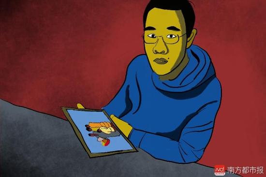 王煥凱看著一家人幸福的合照，黯然神傷，悔不當初。（畫作者：吳斌）