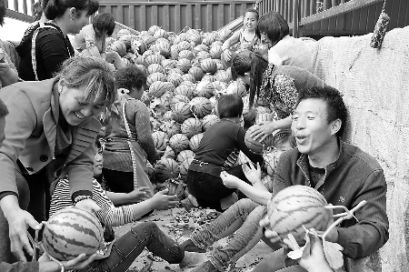 　眼下，內(nèi)黃縣東莊鎮(zhèn)種植的“無公害西瓜”豐收，市場緊俏。圖為5月6日，瓜農(nóng)準(zhǔn)備把外銷的西瓜裝車。劉肖