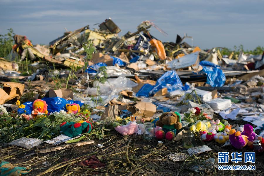 7月19日,在烏克蘭頓涅茨克州拉瑟普諾耶村附近,人們將玩具擺放在馬航MH17航班墜機現(xiàn)場。