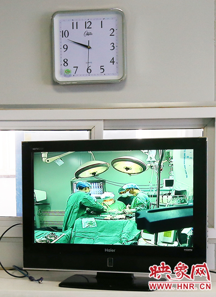 由于扎入大龍顱內(nèi)的針位置較深，所以經(jīng)過七次定位才取出,圖為監(jiān)視器中手術(shù)場景