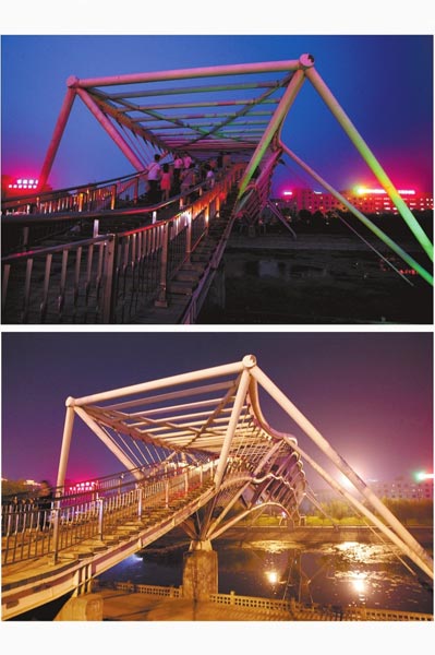 花園路西側(cè)東風渠景觀橋，上圖攝于7月31日晚間，下圖攝于10月9日晚間。