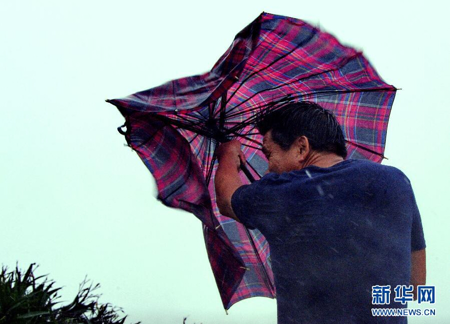 8月8日，福建省石獅市漁民在風(fēng)雨中前行。