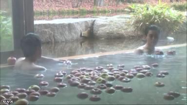 一個個蘋果漂浮在浴槽內（NHK網(wǎng)頁截圖）。
