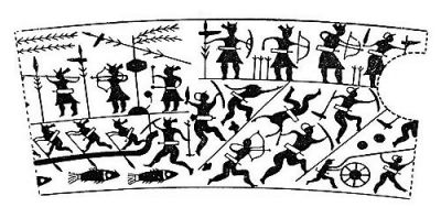 衛(wèi)輝市山彪鎮(zhèn)發(fā)掘出的戰(zhàn)國水陸攻戰(zhàn)紋銅鑒，上面有古人乘舟水戰(zhàn)的場面。